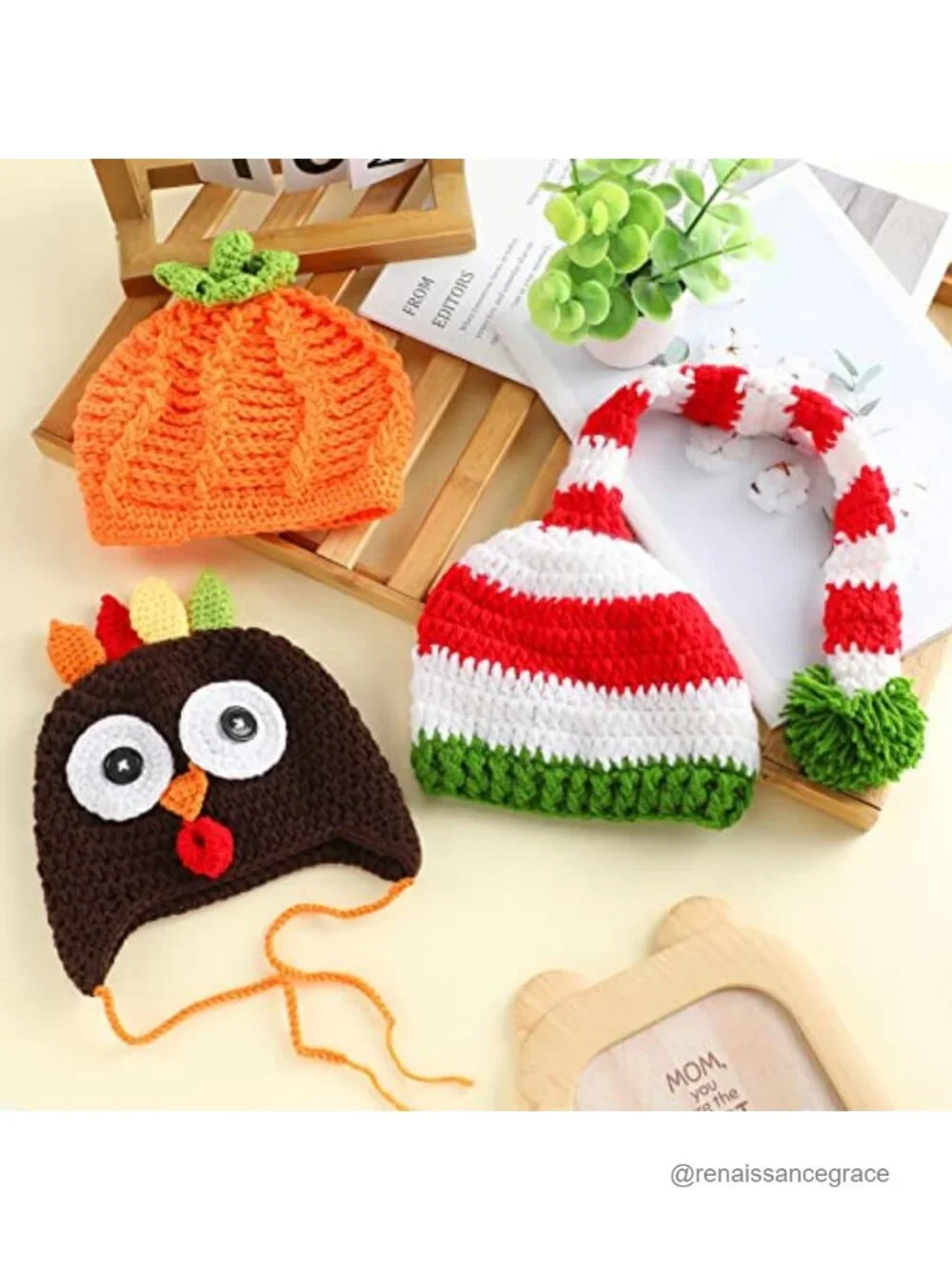 Baby Crochet Beanie Set 3-Piece Pumpkin Turkey Long Tail Hat Knit Winter